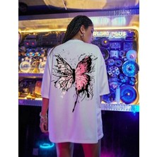 Velmora Fashion Kadın Tişört Kelebek Baskılı Oversize Kısa Kol T-Shirt - Beyaz