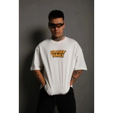 Tarz Yeri Erkek Bisiklet Yaka Baskılı Oversize Kısa kol T-Shirt - Beyaz