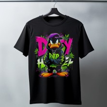 Velmora Fashion Daffy Duck Graffiti Baskılı Unisex Siyah Tişört - 24/1 Penye Pamuklu