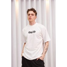 Tarz Yeri Erkek Kısa Kol Yazlık Tişört Bisiklet Yaka Baskılı Oversize T-Shirt - Beyaz