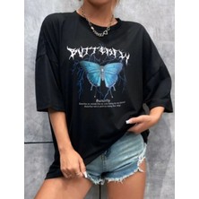 Velmora Fashion Kadın kelebek Baskılı Oversize kısa kol T-Shirt - Siyah