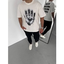 Erkek Bisiklet Yaka Baskılı Oversize T-Shirt - Beyaz