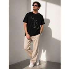 Tarz Yeri Erkek Minimal Kedi Çizim Baskılı Tişört Kısa Kol Yazlık T-Shirt - Siyah