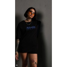 Velmora Fashion kadın Bisiklet Yaka Baskılı Oversize  Kısa kol T-Shirt - Siyah