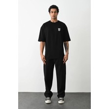 Tarz Yeri Erkek Kısa Kol Yazlık Tişört Bisiklet Yaka Baskılı Oversize T-Shirt - Siyah