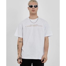 Tarz Yeri Erkek Bisiklet Yaka Tişort Baskılı Oversize kısa kol T-Shirt - Beyaz