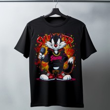 Velmora Fashion Sylvester Graffiti Baskılı Unisex Siyah Oversize Tişört - 24/1 Penye