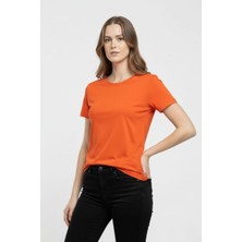 Kadın T-Shirt Bisiklet Yaka Slim Fit Likralı Tişört Yazlık Basic Body - Turuncu