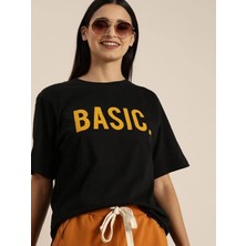 Velmora Fashion Kadın Kısa Kol Yazlık Tişört Bisiklet Yaka BASIC Baskılı T-Shirt - Siyah