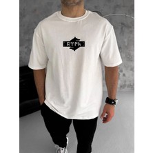Tarz Yeri Bisiklet Yaka Baskılı Double Oversize T-Shirt - Beyaz -