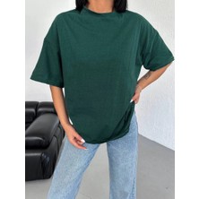 Tarz Yeri Kadın Düz T-Shirt Kısa Kol Bisiklet Yaka Oversize Rahat Kalıp Günlük Tişört - Haki