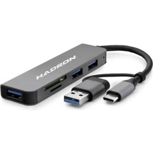 Uravas Store USB 3.0 & Type-C Combo Hub Kart Okuyucu 5 Port - Gri HDX7826