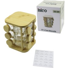 Renas Store 12PCS Kare Döner Standlı Cam - Bambu Kapak Tuzluk - Baharatlık Bambu Stand (5528)