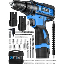 Steiner Alman Turbo Profesyonel  STEINER 128 Vf 10 Ah Otomatik Korumalı Metal Şanzuman  Çift Akülü Şarjlı Matkap Seti 24 Parça Metal Malzeme ile Uzun Ömürlü