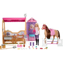 Barbie Oyuncak Ahır Oyun Seti, Oyuncak Bebek, At ve Aksesuar, 6 Oyun Alanı ile 25'den Fazla Parça, B