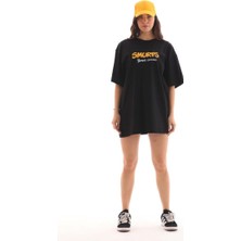 Velmora Fashion Kadın Kısa Kol Yazlık Tişört Bisiklet Yaka Baskılı Oversize T-Shirt - Siyah