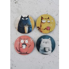 Halley Concept Komik Kedi Desenli Dekoratif Ahşap Bardak Altlığı Çap 10 cm