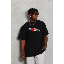 Giydiren Giyim Erkek Kısa Kol Yazlık Tişört Bisiklet Yaka Baskılı Oversize T-Shirt - Siyah