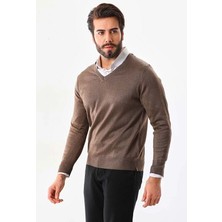 Velmora Fashion Erkek V Yaka Kazak Uzun Kol Düz Dokuma Triko - Vizon