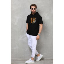 Tarz Yeri Erkek Kapüşonlu Kısa Kol Oversize Baskılı T-Shirt - Siyah