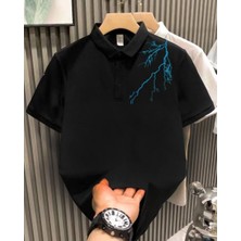 Velmora Fashion Erkek Polo Yaka Tişört Düğmeli Yıldırım Baskılı Pike T-Shirt - Siyah