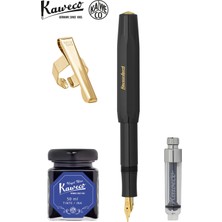 Kaweco Klasik Sport Siyah F Uç Dolma Kalem Seti - Mini Piston + 50 ml Mavi Mürekkep + Altın Klips