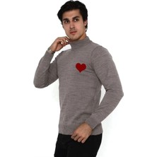 Velmora Fashion Erkek Yarım Bağazlı Kazak Kalp Baskılı Dokuma Triko - Vizon