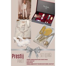 Pierre Cardin Prestij Paket Lüks Gelin Çeyiz Seti - Saten Pijama Takımı, Kozmetik Seti, Ayna Tarak Seti ve Tüylü Terlik