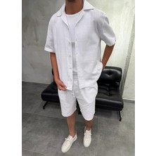 Difransel Jeans Boxy Fit Keten Gömlek Şort Beyaz Takım
