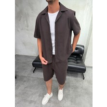 Difransel Jeans Boxy Fit Keten Gömlek Şort Kahve Takım