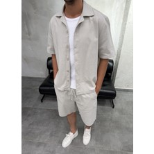 Difransel Jeans Boxy Fit Keten Gömlek Şort Taş Takım