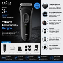 Braun Series 3+ Elektrikli Tıraş Makinesi Siyah, Kuru 3000BT Kullanım Özelliği ile Folyo Başlıklı