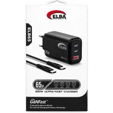 Elba ELB65 65W Siyah Ev Şarj Kafa + Type- C To Type-C Kablo  ( Ganfast Teknoloji )Şarj Aleti (Kdo)