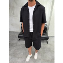 Difransel Jeans Boxy Fit Keten Gömlek Şort Siyah Takım
