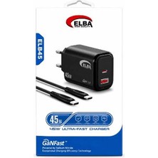 Elba ELB45 45W Siyah Ev Şarj Kafa+ Type- C To Type-C Kablo ( Ganfast Teknoloji Şarj Aleti ) (Kdo)