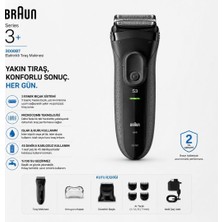Braun Series 3+ Elektrikli Tıraş Makinesi Siyah, Kuru 3000BT Kullanım Özelliği ile Folyo Başlıklı