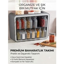 12 Li Standlı Kendinden Yapışkanlı Kapaklı Kaşıklı Baharatlık Takımı - Kulplu Baharatlık --Gri