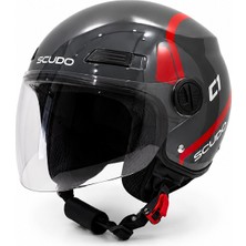 Scudo C1 Open Face Çene Açık Motosiklet Kaskı Ece 22.06 Sertifikalı Gri/kırmızı