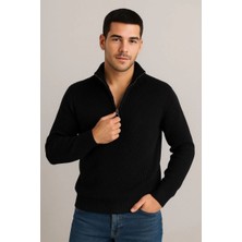 Velmora Fashion Erkek Yarım Fermuarlı Triko Kazak Selanik Örgü Dik Yaka Pamuklu Dokuma Regular Fit - Siyah