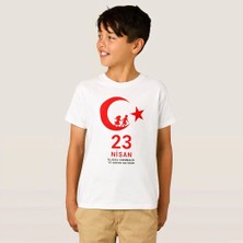 Velmora Fashion Çocuk 23 Nisan Ulusal Egemenlik ve Çocuk Bayramı Baskılı Bisiklet Yaka T-shirt - Beyaz