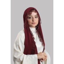 Hürrem Bone Bordo Nikah Namaz Başörtüsü Şal Şifon Boncuklu Güpürlü 202131_16