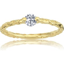 Fasek Gold Gümüş Yüzük - Helen Otantik 0.25 Karat Swarovski Tektaş Yüzük-Eskitme 925 Ayar Hediyelik Gümüş Yüzük
