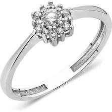 Fasek Gold Gümüş Yüzük - Beyaz (Rodyumlu) Gümüş Yüzük-0.45 Ct Swarovski Taşlı Gül Evlilik Teklifi Gümüş Yüzük