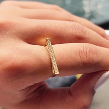 Fasek Gold Gümüş Yüzük - Signity Zirkon Taşlı Düz Çizgi Modern Dizayn 925 Ayar Gümüş Yüzük