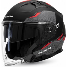 Scudo O1 Open Face Çene Açık Güneş Vizörlü Motosiklet Kaskı Ece 22.06 Sertifikalı Kırmızı/mat Siyah