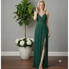 Nake Butik Kadın Ince Askılı Derin V Yaka D Yırtmaçlı Uzun Şifon