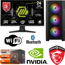 MSI Şafak-Gaming Pc Amd Ryzen 5 7500F 16GB Ddr5 Ram Rtx 5050 8gb 1tb M.2 SSD 24" 200Hz Msı Monitör Win 11 Pro Wi-Fi Masaüstü Oyuncu Bilgisayarı