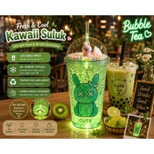 Home Dekor Hediye LED Işıklı Pipetli Kawaii Chibi Sevimli Tavşan Figürlü Çift Katlı Içecek Bardağı Suluk 450 ml Yeşil