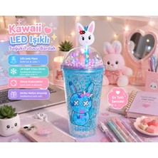 Home Dekor Hediye LED Işıklı Pipetli Kawaii Chibi Sevimli Tavşan Figürlü Çift Katmanlı Içecek Bardağı Suluk 450ML Mavi