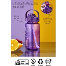 Ezupack Motive Taşıma Kulplu Matara Spor Okul Su Şişesi Kilitli Kapak 1500 ml Mor Renk Suluk